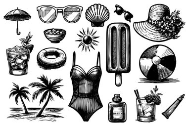Bikini, güneş gözlüğü, şemsiye, şapka, içki ve plaj topu gibi koleksiyon plajı ve yaz temalı eşyalar.