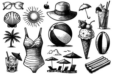 Bikini, plaj topu, şemsiye ve içki de dahil olmak üzere plajla ilgili bir koleksiyon.
