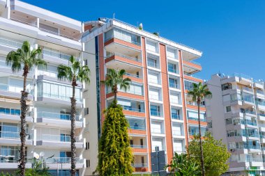 Önünde palmiye ağaçları olan, açık mavi gökyüzünün altında modern apartmanlar. Kentsel yaşam konsepti, güneşli gün