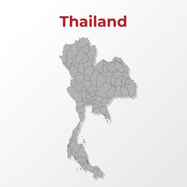 Tayland 'ın modern haritası, bölgelere bölünmüş, gri arka planda kırmızı başlıklı. Vektör illüstrasyonu