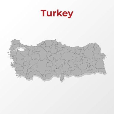 Bölgeye bölünmüş, kırmızı başlıklı gri arkaplan üzerinde Türkiye 'nin modern bir haritası. Vektör illüstrasyonu