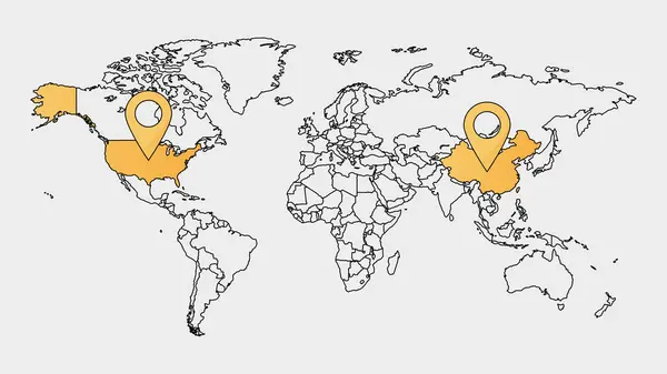 Yer İşaretleyicili Dünya Haritası. Vektör illüstrasyonu