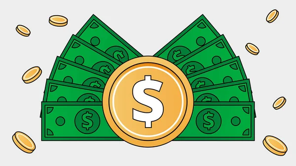 Dolar Faturaları ve Madeni Para Simgesi ile Para Hayranı. Vektör illüstrasyonu