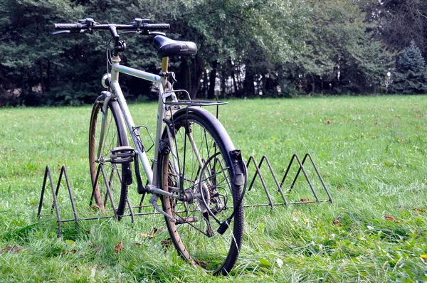 Старый Серый Туристический Велосипед Стоящий Стойке Фоне Газона Рощи — стоковое фото