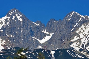 Tatransk Lomnica 'dan Lomnica Tepesi' ne, Kemarsk Tepesi 'ne ve bulutsuz gökyüzünün altındaki Lomnick Stadı' ndaki kayak kaldırma istasyonuna bak.