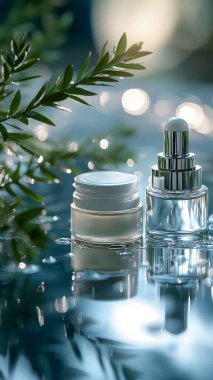 Elegant skincare products on a reflective surface with greenery. clipart