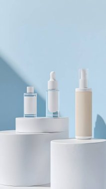 Minimalistic display of skincare products on circular pedestals. clipart