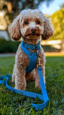 A cute dog in a blue harness sitting on green grass. clipart