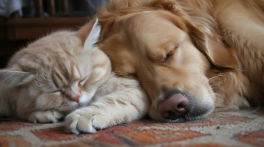 A cat and dog peacefully sleeping together on a cozy rug. clipart