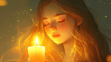 A serene girl holding a candle, surrounded by a warm glow. clipart