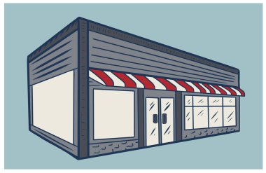 Beyaz arka planda izole edilmiş binalar. Fırın ve çiftlik ürünleri satan dükkanlar, pizza, çiçekler, kitaplar, şarap, et, şeker, oyuncaklar. Çizgi film düz stiliyle renkli vektör illüstrasyonu.