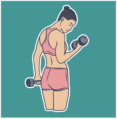 Dambılla egzersiz yapan güzel bir atletik kadın. Vektör illüstrasyonu 