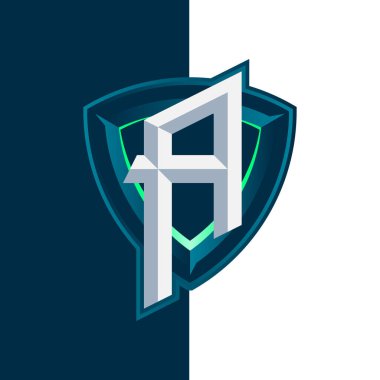 Esports alfabesi logosu A harfi ve arka plan olarak bir kalkan şeklinde oluşturulmuştur. harf A esports amblemi