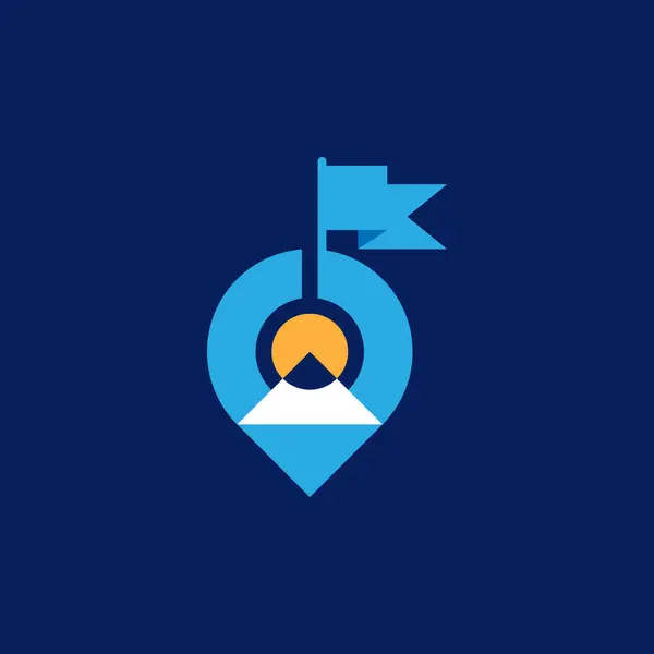 Logotipo Viaje Moderno Combinado Símbolos Ubicación Montaña Sol Bandera Pin — Vector de stock