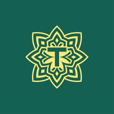 Sarı yeşil modern ve zarif ilk harf T simetrik çiçek estetik logosu