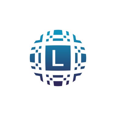 İlk harf L daire dijital teknik piksel amblem logosu