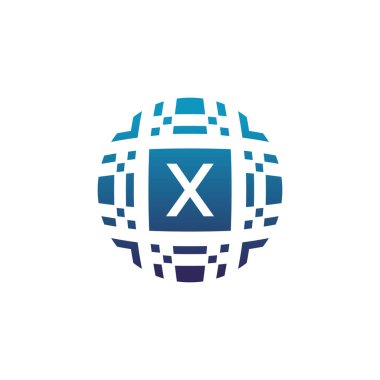 İlk harf X daire dijital teknik piksel amblem logosu