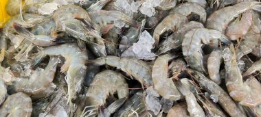 Taze Çiğ Karides Ezilmiş Buz Üzerine Yığılmış Deniz Ürünleri Pazarında