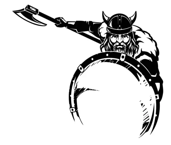 Vikingo Guerrero Medieval Ataque Defensivo — Vector de stock