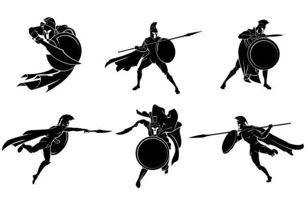 Spartan Medieval Soldier Action Battle Stance Silhouette Set — Stock Vector