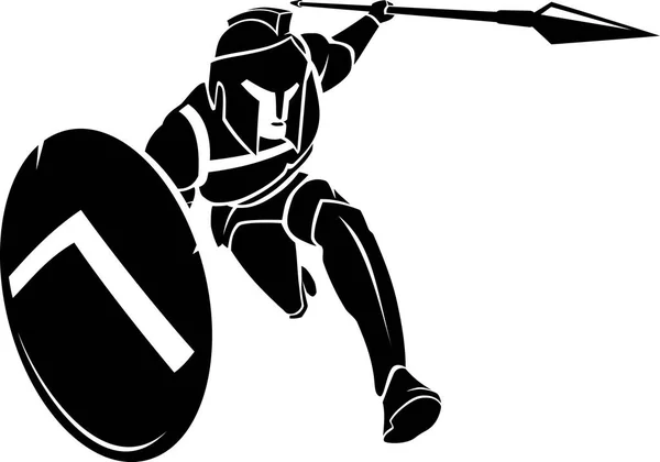 Ataque Spartan Warrior Front View Ilustração Silhueta —  Vetores de Stock