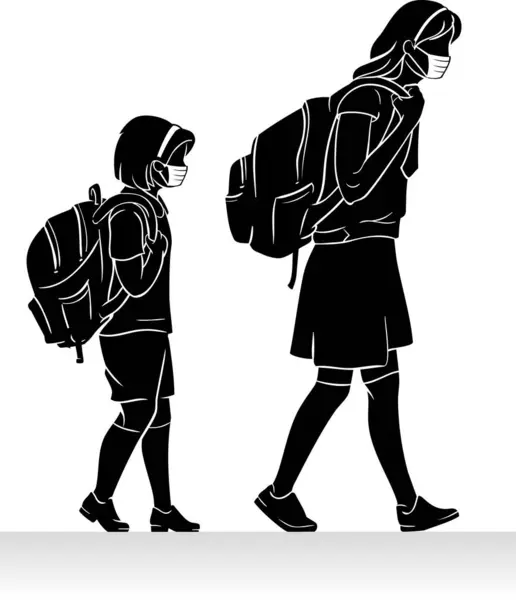 Opiskelijat Kävely Kouluun Kasvonaamio — vektorikuva