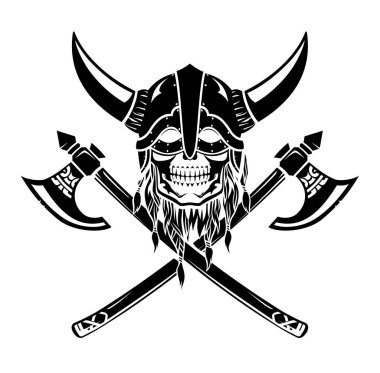Kafatası Başı Viking Ortaçağ Silueti ile Savaş Baltası, Amblemi