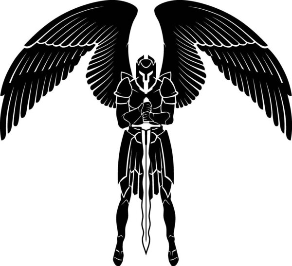 Archangel Guarding Silhouette, Isolated Illustration