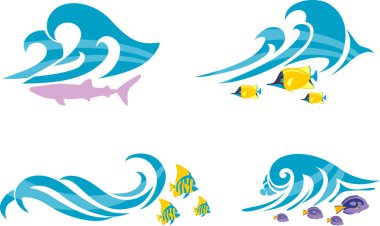 Sahil Dalgası ve Deniz Hayatı -soyut sanat eserleri mavi dalgalar koleksiyonu ve balıklar, plaj tatil köyü şirketleri için kullanılabilir