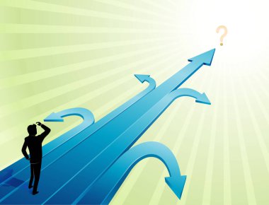 İş belirsizliği, kafası karışmış iş adamı ok yolunda duruyor.