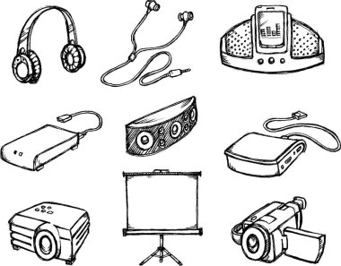 Çokluortam Gadgets Sketch - Elektronik koleksiyon seti, benim el çizimimden türetildi