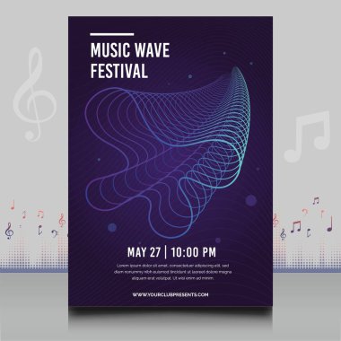 Modern ses dalgası şekil tasarımı ile yaratıcı tarzda zarif bir elektronik müzik festivali broşürü.