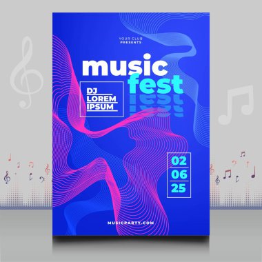 Modern ses dalgası şekil tasarımı ile yaratıcı tarzda zarif bir elektronik müzik festivali broşürü.
