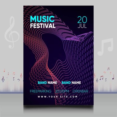 Modern ses dalgası şekil tasarımı ile yaratıcı tarzda zarif bir elektronik müzik festivali broşürü.