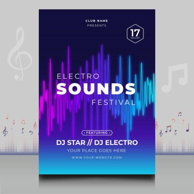 Modern ses dalgası şekil tasarımı ile yaratıcı tarzda zarif bir elektronik müzik festivali broşürü.