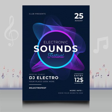 Modern ses dalgası şekil tasarımı ile yaratıcı tarzda zarif bir elektronik müzik festivali broşürü.