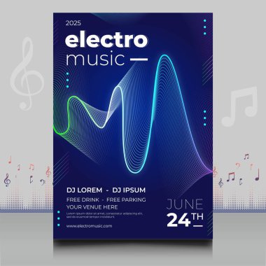 Modern ses dalgası şekil tasarımı ile yaratıcı tarzda zarif bir elektronik müzik festivali broşürü.