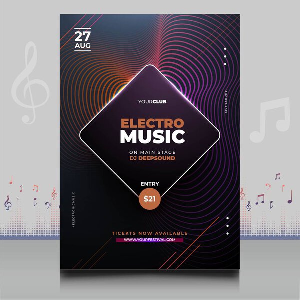 elegant electronic music festival flyer in creative style with modern sound wave shape design