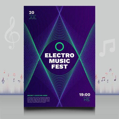 Modern ses dalgası şekil tasarımı ile yaratıcı tarzda zarif bir elektronik müzik festivali broşürü.