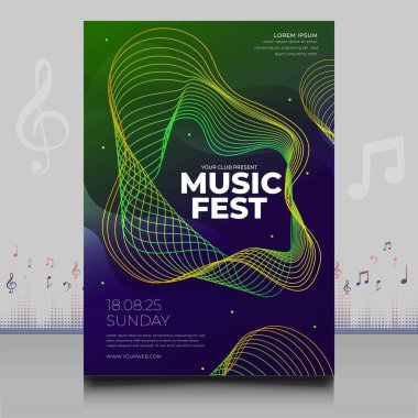Modern ses dalgası şekil tasarımı ile yaratıcı tarzda zarif bir elektronik müzik festivali broşürü.