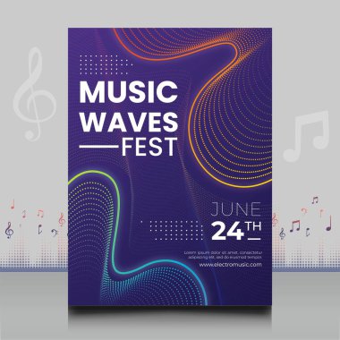 Modern ses dalgası şekil tasarımı ile yaratıcı tarzda zarif bir elektronik müzik festivali broşürü.