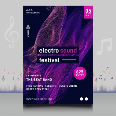 Modern ses dalgası şekil tasarımı ile yaratıcı tarzda zarif bir elektronik müzik festivali broşürü.