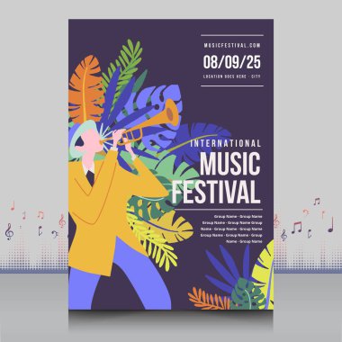 Modern şekilli, yaratıcı tarzda çizilmiş zarif bir müzik festivali posteri.