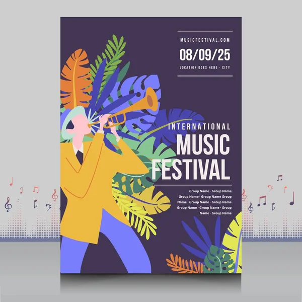 Modern şekilli, yaratıcı tarzda çizilmiş zarif bir müzik festivali posteri.
