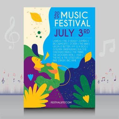 Modern şekilli, yaratıcı tarzda çizilmiş zarif bir müzik festivali posteri.