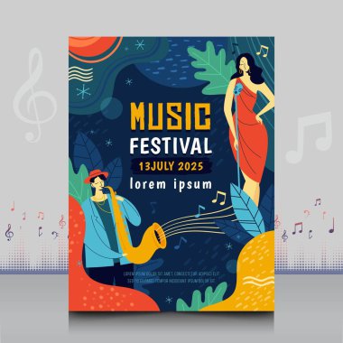 Modern şekilli, yaratıcı tarzda çizilmiş zarif bir müzik festivali posteri.