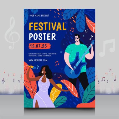 Modern şekilli, yaratıcı tarzda çizilmiş zarif bir müzik festivali posteri.