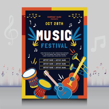 Modern şekilli, yaratıcı tarzda çizilmiş zarif bir müzik festivali posteri.