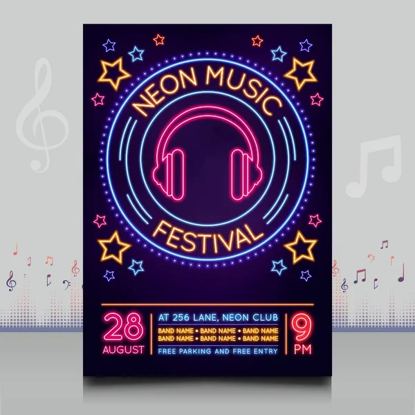 現代的な形状のデザインの創造的なスタイルでエレガントなネオン音楽祭のポスター — ストックベクタ