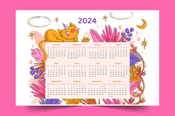 Hand Drawn 2024 Calendar Template Design Vector Illustration — Stock Vector